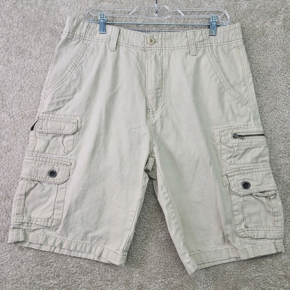 Iron Co Cargo Shorts Mens Size 32 Khaki Beige Utility 10" Inseam Pockets Summer